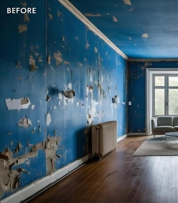 Before: peeling paint on an interior wall