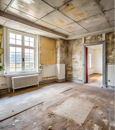 Before: rough construction interior with exposed walls