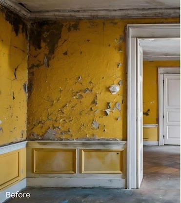 Before: damaged, peeling yellow accent wall