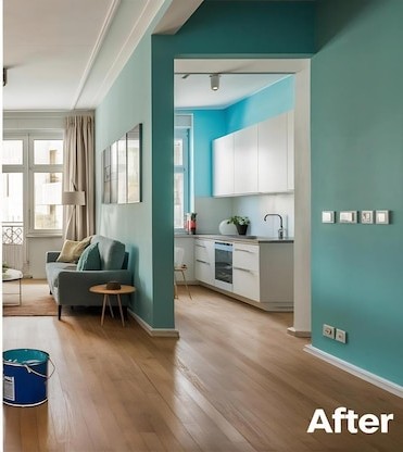 After: finished teal living and kitchen space